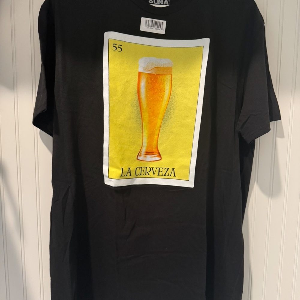 Men’s Suna Black Loteria La Cerveza Graphic Tee NWT Beer 100% cotton